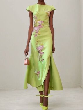 Fehaute Green Floral Embroidered Cap Sleeve Maxi Dress Slit Satin Sheath Sz 4